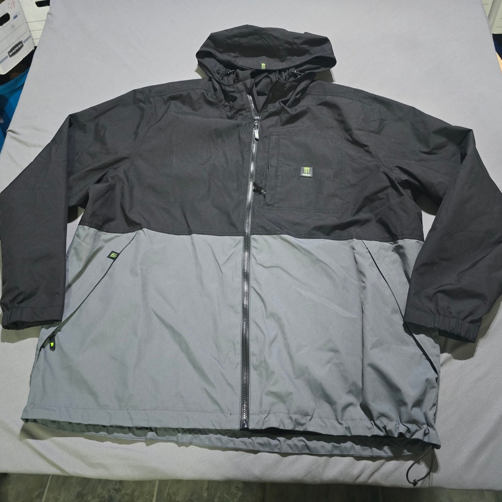 Monster Energy Windbreaker Jacket Mens 3XL Black Grey Hooded Mesh Lined Full Zip